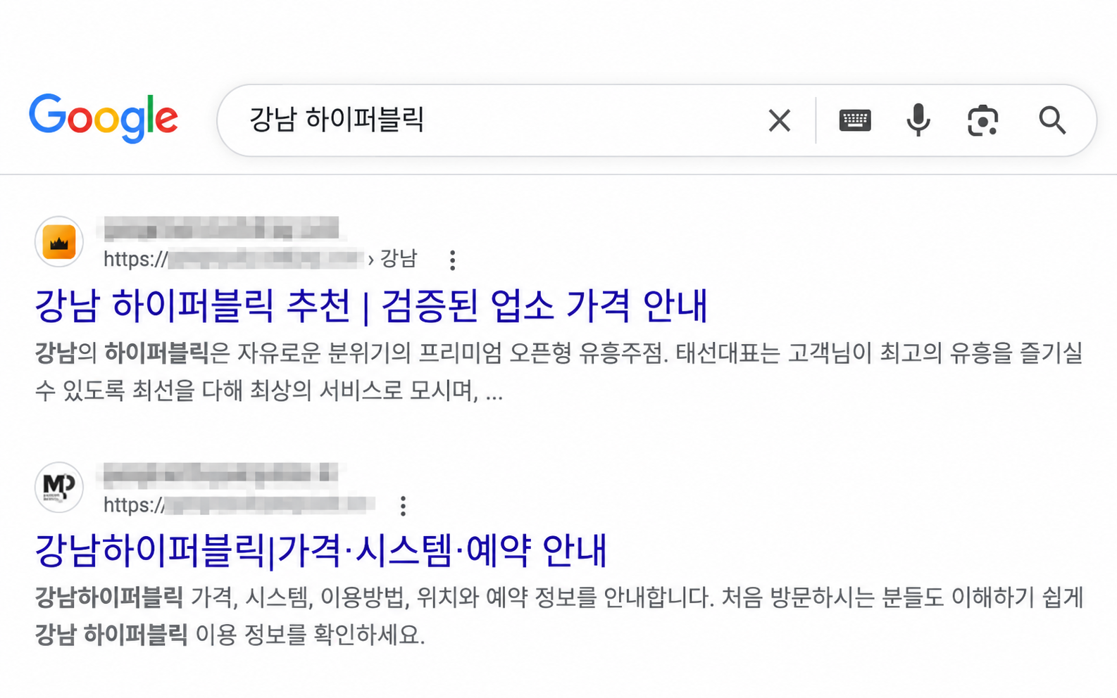 업체명과 주소가 모자이크 처리된 검색 결과 화면